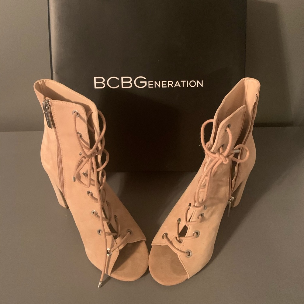 BCBG Tan Suede Ankle Booties
